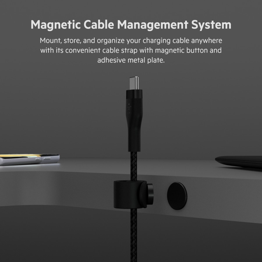 Кабель USB-C > USB-C заряджання/синхронізації Belkin 1м, 60Вт, Type-C, плетений, силіконовий, з ремінцем на магніті, чорний (CAB Кабель USB-C > USB-C заряджання/синхронізації Belkin 1м, 60Вт, Type-C, плетений, силіконовий, з ремінцем на магніті, чорний (CAB