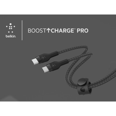 Кабель USB-C > USB-C заряджання/синхронізації Belkin 1м, 60Вт, Type-C, плетений, силіконовий, з ремінцем на магніті, чорний (CAB Кабель USB-C > USB-C заряджання/синхронізації Belkin 1м, 60Вт, Type-C, плетений, силіконовий, з ремінцем на магніті, чорний (CAB