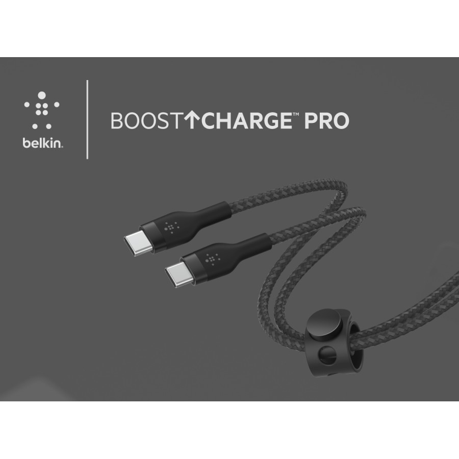 Кабель USB-C > USB-C заряджання/синхронізації Belkin 1м, 60Вт, Type-C, плетений, силіконовий, з ремінцем на магніті, чорний (CAB Кабель USB-C > USB-C заряджання/синхронізації Belkin 1м, 60Вт, Type-C, плетений, силіконовий, з ремінцем на магніті, чорний (CAB