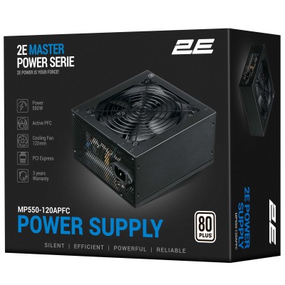 Блок живлення 2E Master Power (550W), >80%, 80+ White, 120мм, 1xMB 24pin(20+4), 1xCPU 8pin(4+4), 3xMolex, 5xSATA, 2xPCIe 8pin(6+