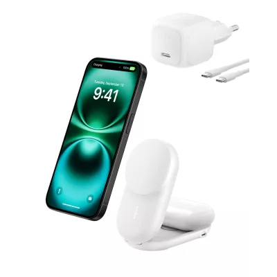 Зарядний пристрій бездротовий Belkin UltraCharge 2-in-1 Foldable Magnetic Charging 25Вт, білий