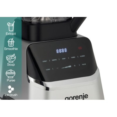 Блендер Gorenje стаціонарний 1500Вт, чаша-2000мл, дисплей, подрібнювач, чорний-нерж