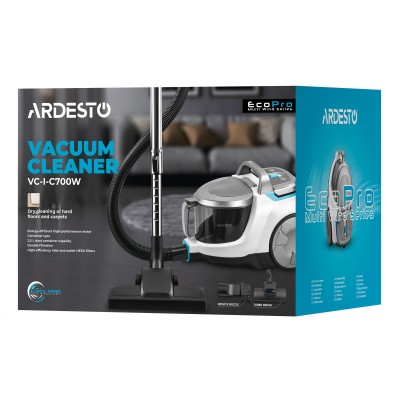 Пилосос Ardesto контейнерний, 700Вт, конт пил -2.5л, НЕРА, біло-сріблястий