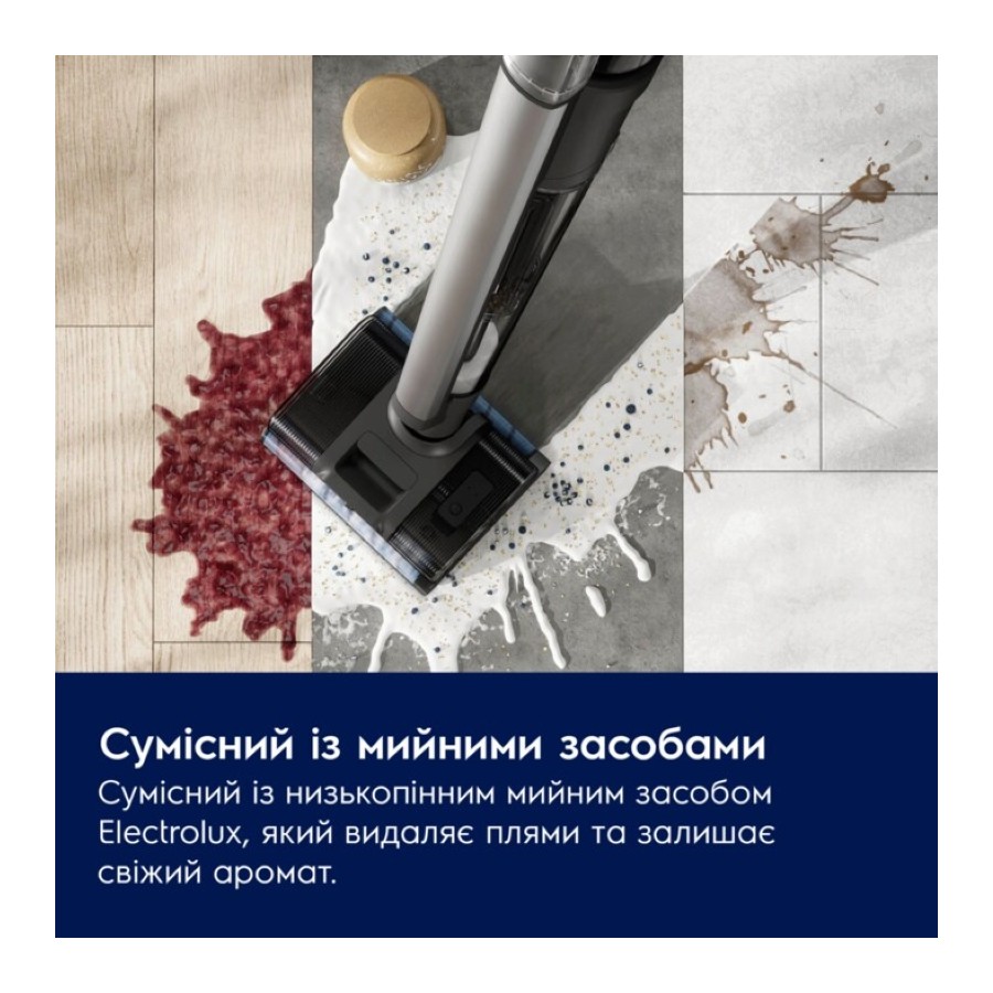 Пилосос Electrolux бездротовий, вологе прибирання, конт пил -0.57л, вода -0.65л, автон. робота до 80хв, вага-7.09кг, 2в1, синій Пилосос Electrolux бездротовий, вологе прибирання, конт пил -0.57л, вода -0.65л, автон. робота до 80хв, вага-7.09кг, 2в1, синій