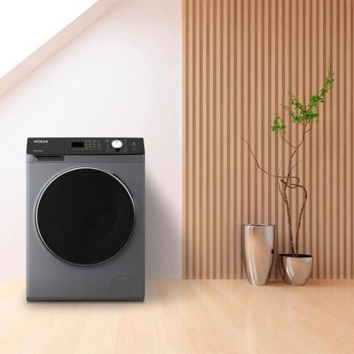 Пральна машина Hitachi фронтальна, 8кг, 1400, A+++, 60см, дисплей, пара, інвертор, люк чорний, cріблястий