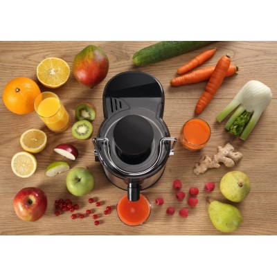 Соковитискач Gorenje відцентрований 400Вт, чаша-0.6л, жмих-1.6л, жолоб на ціле яблуко, пластик/метал, чорний Соковитискач Gorenje відцентрований 400Вт, чаша-0.6л, жмих-1.6л, жолоб на ціле яблуко, пластик/метал, чорний