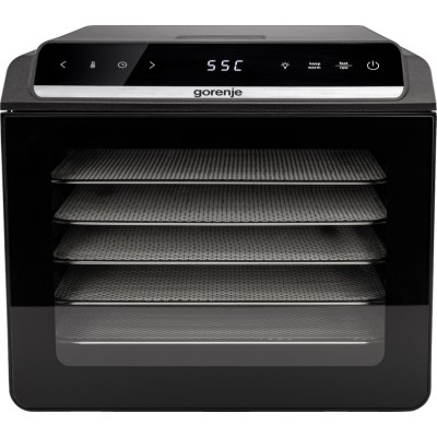 Сушарка для продуктів Gorenje 580Вт, піддонів - 6x1.5см, діаметр - 25см, макс - 75°С, дисплей, пластик+метал, чорний
