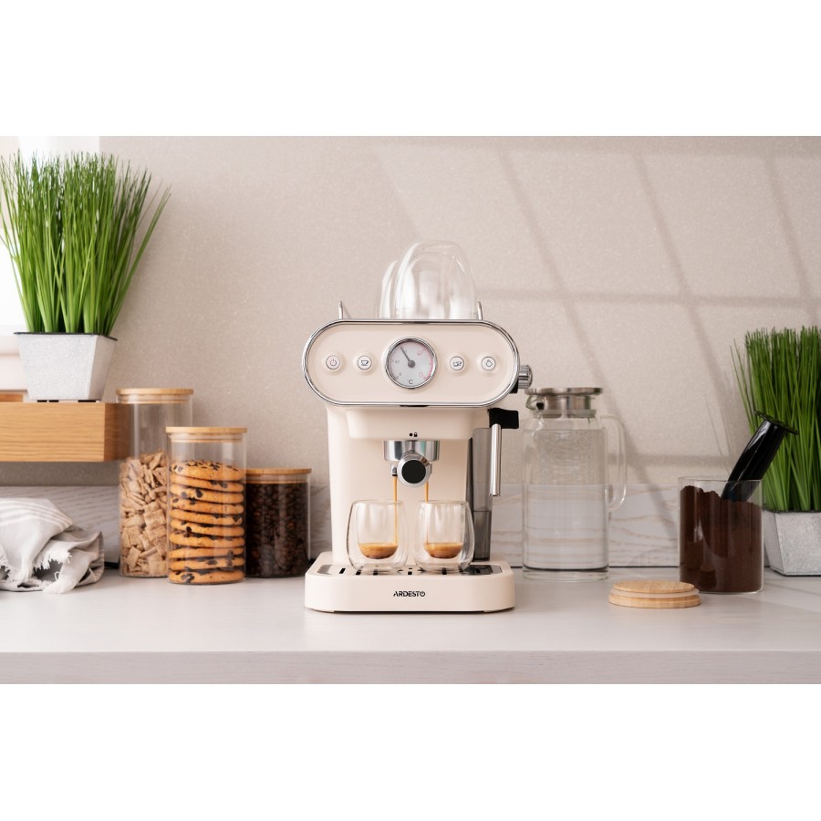 Кавоварка Ardesto ріжкова Vintage Dream 1.2л, мелена, ручний капучинатор, підігрів чашок, бежевий (FCM-E15BG) Кавоварка Ardesto ріжкова Vintage Dream 1.2л, мелена, ручний капучинатор, підігрів чашок, бежевий (FCM-E15BG)