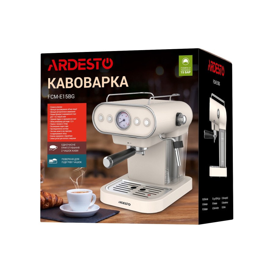 Кавоварка Ardesto ріжкова Vintage Dream 1.2л, мелена, ручний капучинатор, підігрів чашок, бежевий (FCM-E15BG) Кавоварка Ardesto ріжкова Vintage Dream 1.2л, мелена, ручний капучинатор, підігрів чашок, бежевий (FCM-E15BG)