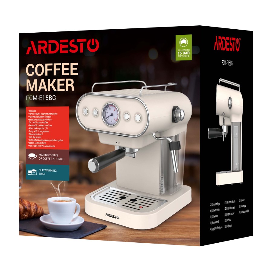 Кавоварка Ardesto ріжкова Vintage Dream 1.2л, мелена, ручний капучинатор, підігрів чашок, бежевий (FCM-E15BG) Кавоварка Ardesto ріжкова Vintage Dream 1.2л, мелена, ручний капучинатор, підігрів чашок, бежевий (FCM-E15BG)