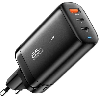 Мережевий Зарядний пристрій ESSAGER Shining 65W GaN Travelling Charger 2 Type-c+USB-A EU (ECT2CA-MYB01) Black