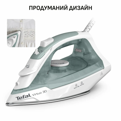 Праска Tefal Virtuo 30, 2000Вт, 240мл, паровий удар -120гр, постійна пара - 27гр, керам. підошва, біло-зелений (FV2C42E0)