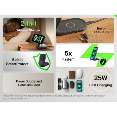 Зарядний пристрій бездротовий Belkin UltraCharge 2-in-1 Foldable Magnetic Charging 25Вт, чорний