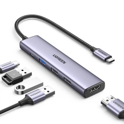 USB-хаб UGREEN CM478 USB-C To HDMI 4K@30Hz+USB 3.0+2xUSB 2.0 A+PD Power Port Space Grey (15495)