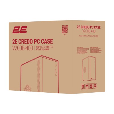 Корпус 2E Credo V200B-400 з БЖ 2E ATX400, 2xUSB3.0, 1x80мм, VGA 250мм, mATX, чорний (2E-V200B-400)