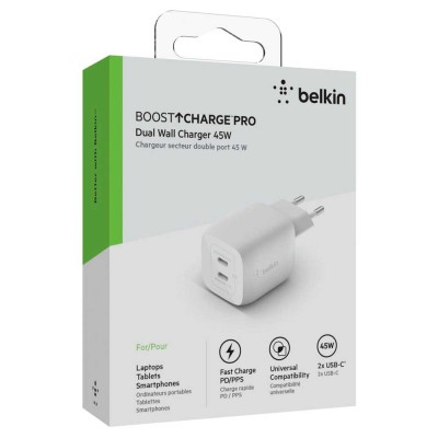 Зарядний пристрій мережевий Belkin 45Вт 2хUSB-С GAN PD PPS, білий (WCH011VFWH)