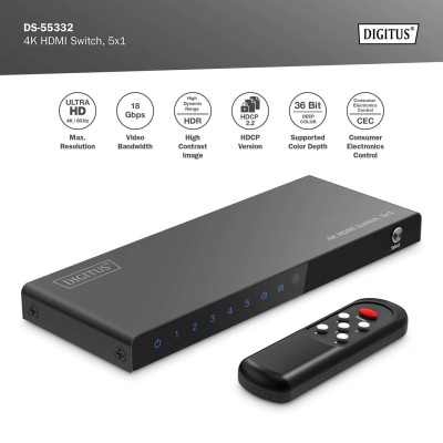 Відеокомутатор DIGITUS UHD HDMI (INx5 - OUTx1), 4K (DS-55332)