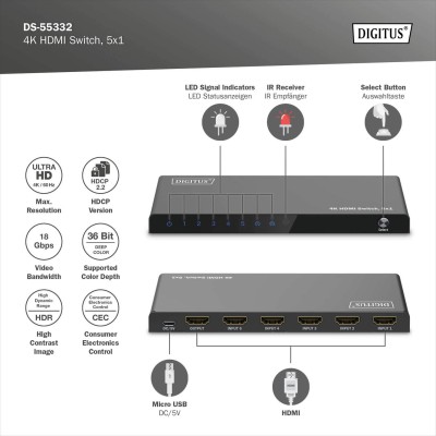 Відеокомутатор DIGITUS UHD HDMI (INx5 - OUTx1), 4K (DS-55332)