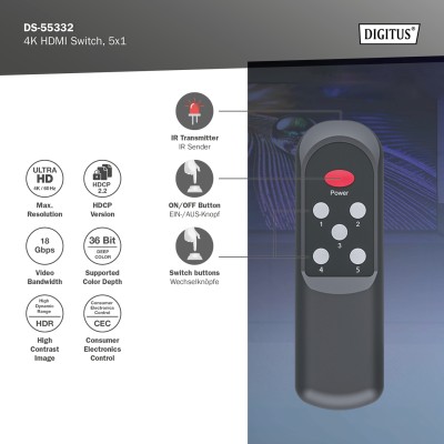 Відеокомутатор DIGITUS UHD HDMI (INx5 - OUTx1), 4K (DS-55332)