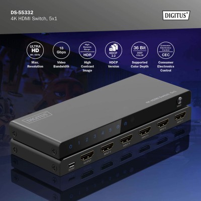 Відеокомутатор DIGITUS UHD HDMI (INx5 - OUTx1), 4K (DS-55332)