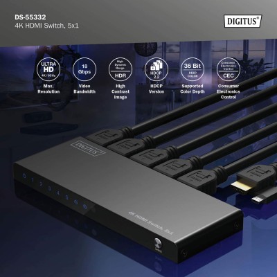 Відеокомутатор DIGITUS UHD HDMI (INx5 - OUTx1), 4K (DS-55332)