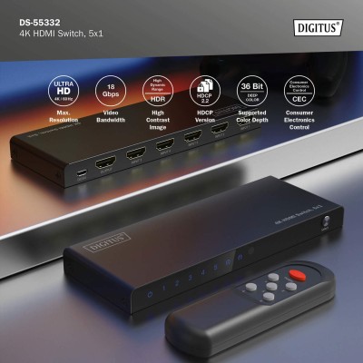 Відеокомутатор DIGITUS UHD HDMI (INx5 - OUTx1), 4K (DS-55332)