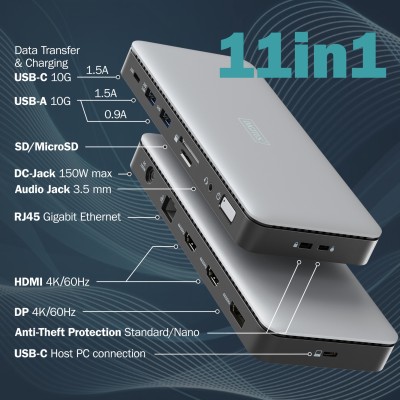 Док-станція DIGITUS USB-C > 2xHDMI/DP/2xUSB-A/USB-C/SD/MicroSD/RJ54/DC/Audio (DA-70917)