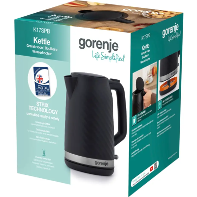 Електрочайник Gorenje 1.7л, Strix контроль, чорний матовий (K17SPB)
