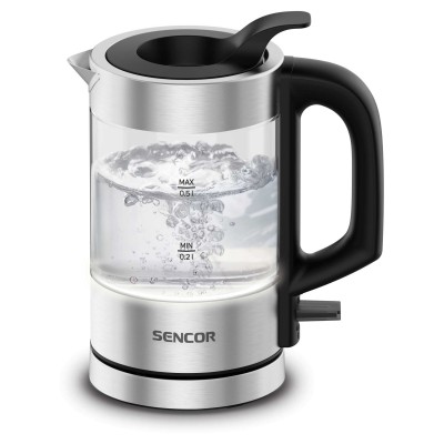 Електрочайник Sencor 0.5л, Strix, пластик, в комплекті 2 склянки + 2 ложки, скло, нерж. сталь (SWK160SS)