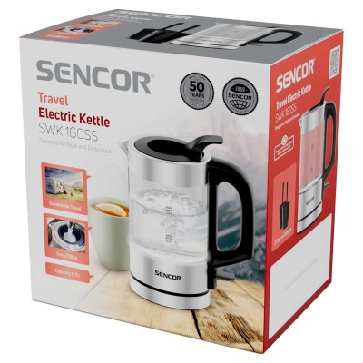 Електрочайник Sencor 0.5л, Strix, пластик, в комплекті 2 склянки + 2 ложки, скло, нерж. сталь (SWK160SS)