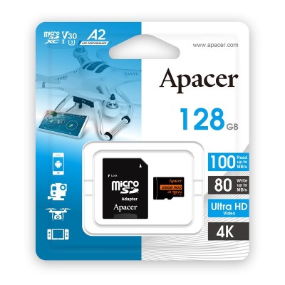 Карта пам'яті Apacer microSD 128GB C10 UHS-I U3 A2 R100/W80MB/s + SD (AP128GMCSX10U8-R)