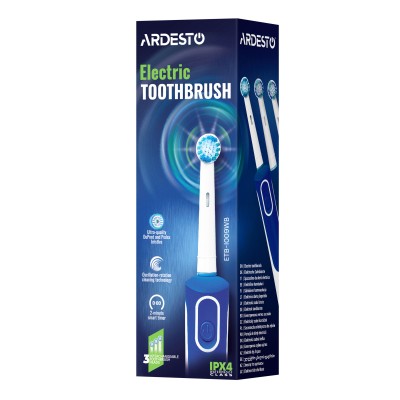 Щітка зубна електр. Ardesto, ETB-I009WB, 4,5т. колив/хв, насадок-3, IPX4, білий+синій