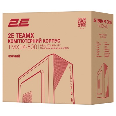 Корпус 2E TeamX TMX04 з БЖ 2E ATX500W, 2xUSB3.0, 1x80мм, VGA 220мм, mATX, чорний (2E-TMX04-500)