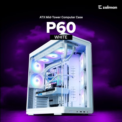 Корпус Zalman P60 без БЖ, 2xUSB3.0, 1x Type C, 3x120мм ARGB Reverse, 2x120мм ARGB, VGA 435мм, LCS ready, Curved Tempered Glass, 