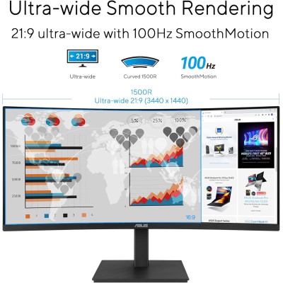 Монітор Asus 34" VA34VCPSR HDMI, DP, USB-C, 3xUSB, RJ-45, MM, VA, 3440x1440, 21:9, 100Hz, 4ms, CURVED, AdaptiveSync, HAS (90LM08
