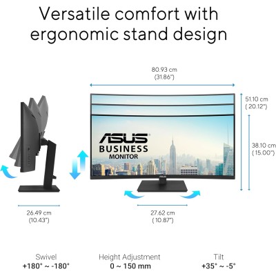 Монітор Asus 34" VA34VCPSR HDMI, DP, USB-C, 3xUSB, RJ-45, MM, VA, 3440x1440, 21:9, 100Hz, 4ms, CURVED, AdaptiveSync, HAS (90LM08