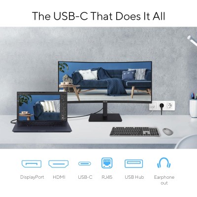 Монітор Asus 34" VA34VCPSR HDMI, DP, USB-C, 3xUSB, RJ-45, MM, VA, 3440x1440, 21:9, 100Hz, 4ms, CURVED, AdaptiveSync, HAS (90LM08