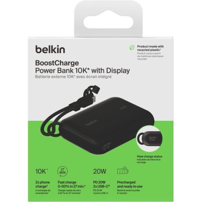 Акумулятор портативний літій-іонний Power Bank Belkin 10000мА·год, 20Вт, з дисплеєм, чорний (BPB027HQBK)