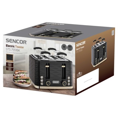 Тостер Sencor 1600Вт, підігрів, розморожування, 4 слоти, пластик, чорно-золотий (STS7551BK-EUE3)