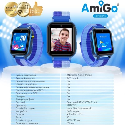 Смарт-годинник для дітей AmiGo GO10S Pro WIFI AMG-GO10S-BL Синій