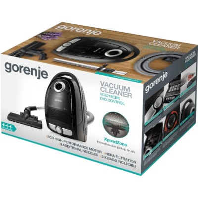 Пилосос Gorenje мішковий, 800Вт, конт пил -3л, HEPA, телескоп трубка, чорний (VCE21ECBK)