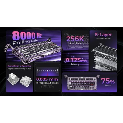Клавіатура механічна GravaStar Mercury V75 Pro 80keys, Magnetic Jade Gaming, 8K, USB-A, RGB, Iron Purple (GS_V75_PRO_PL)