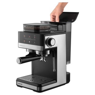 Кавоварка Sencor ріжкова 1.8л, зерно+мелена, вдубована кавомолка, дисплей, нерж. сталь-чорний (SES5000SS)