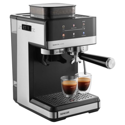 Кавоварка Sencor ріжкова 1.8л, зерно+мелена, вдубована кавомолка, дисплей, нерж. сталь-чорний (SES5000SS)