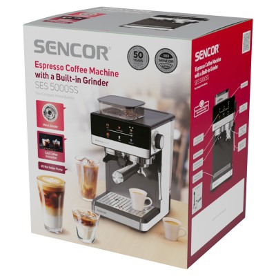 Кавоварка Sencor ріжкова 1.8л, зерно+мелена, вдубована кавомолка, дисплей, нерж. сталь-чорний (SES5000SS)