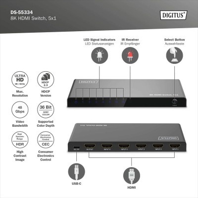Відеокомутатор DIGITUS UHD HDMI (INx5 - OUTx1), 8K