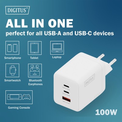 Зарядний пристрій DIGITUS GaN 2хUSB-C, 1хUSB-A, 100W (DA-10304)