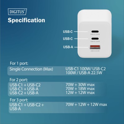 Зарядний пристрій DIGITUS GaN 2хUSB-C, 1хUSB-A, 100W (DA-10304)