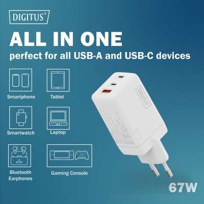 Зарядний пристрій DIGITUS GaN 2хUSB-C, 1хUSB-A, 67W (DA-10303)