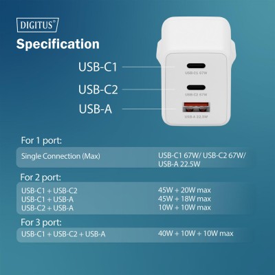 Зарядний пристрій DIGITUS GaN 2хUSB-C, 1хUSB-A, 67W (DA-10303)